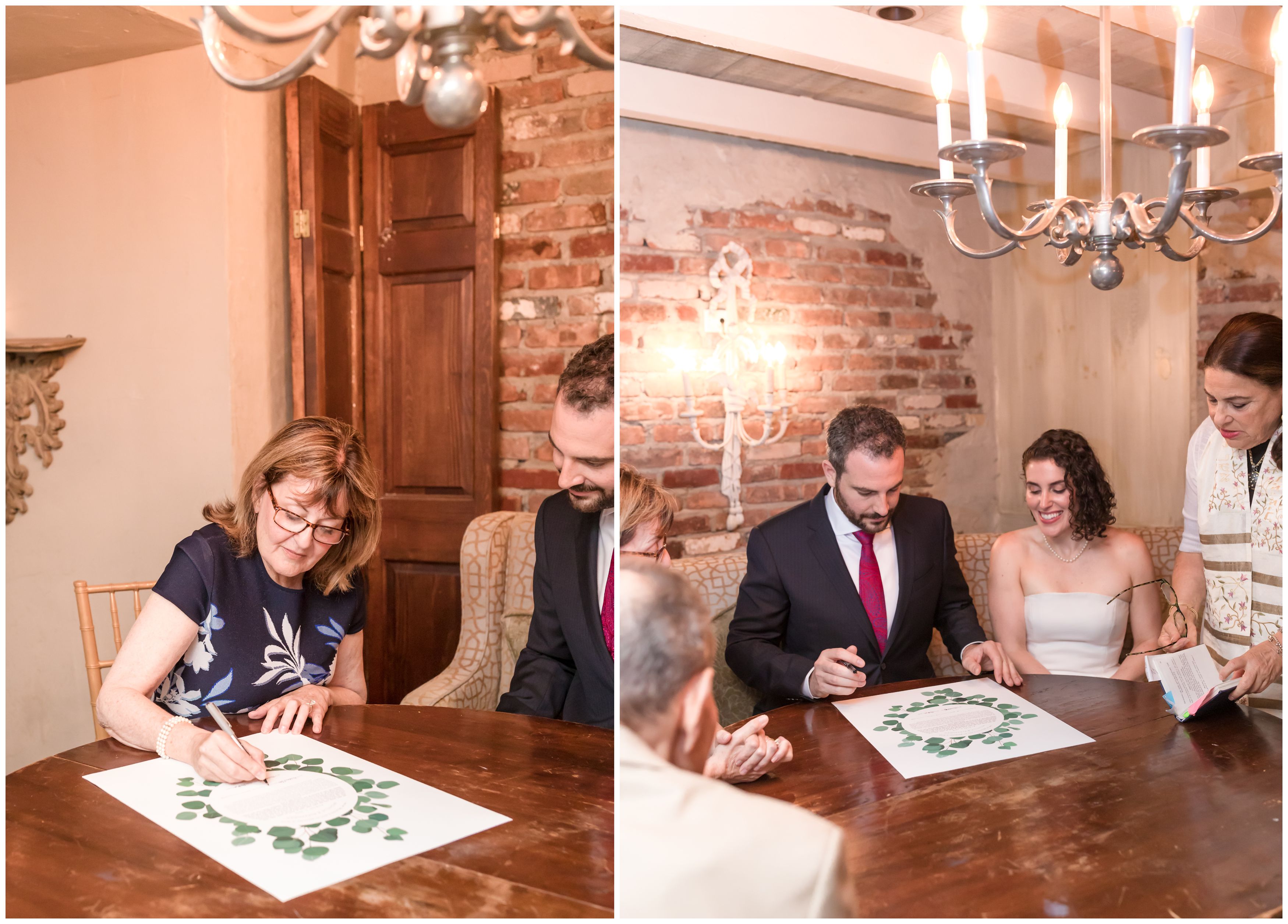 Bride and groom with family and the Ketubah signing