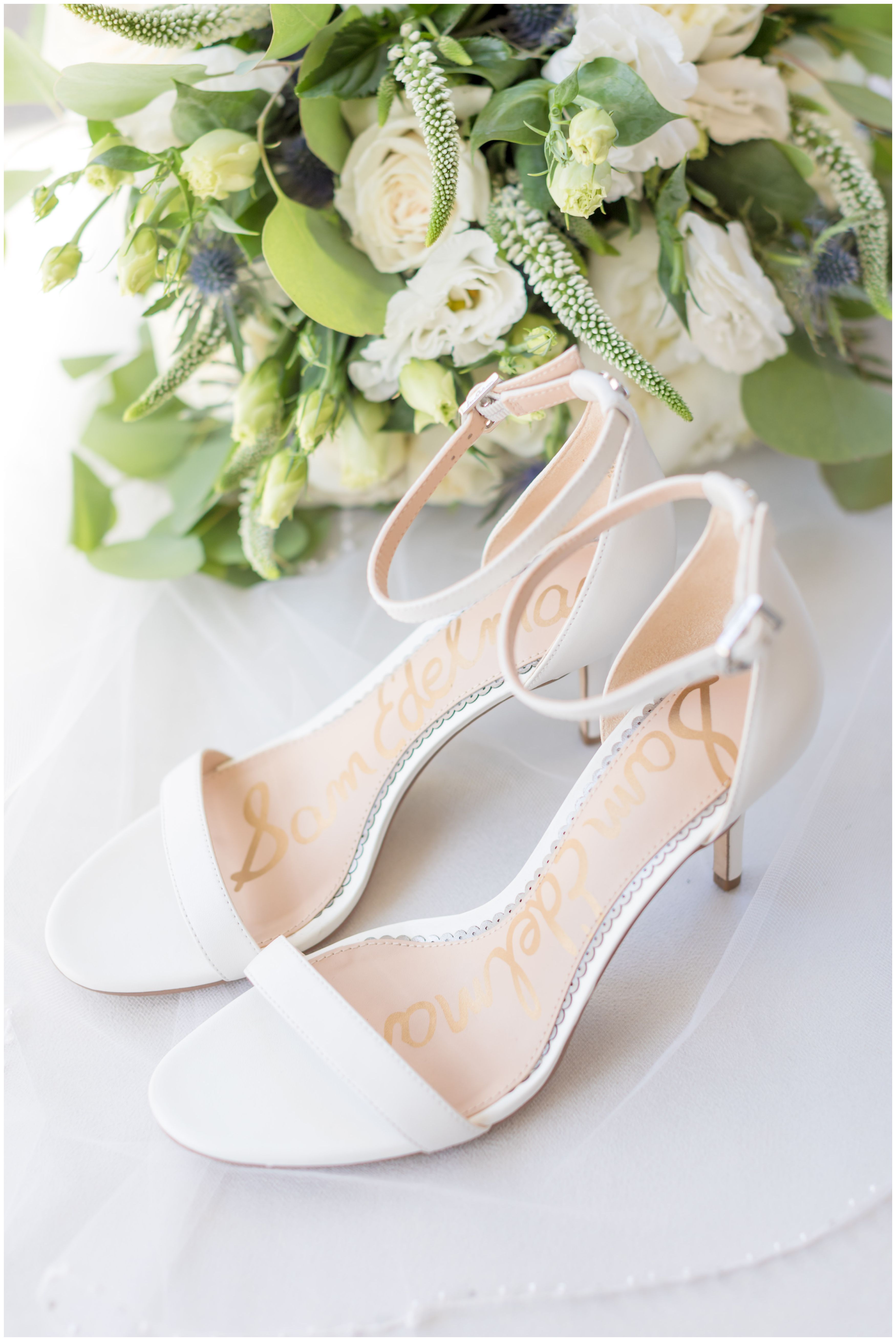 Sam Edelman White Bridal Shoes with classic veil and bouquet