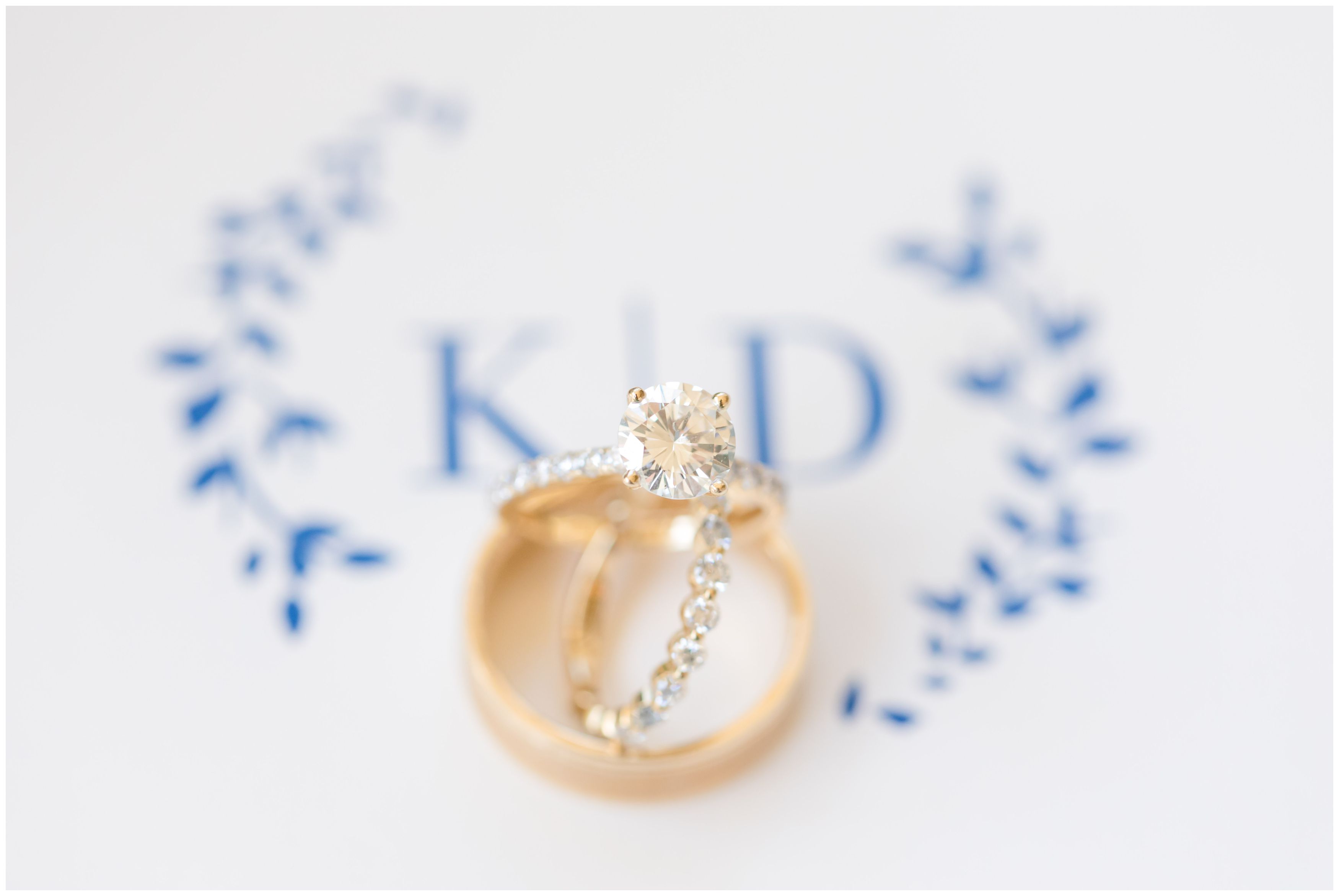 Classic gold wedding rings on navy blue letterpress invitation