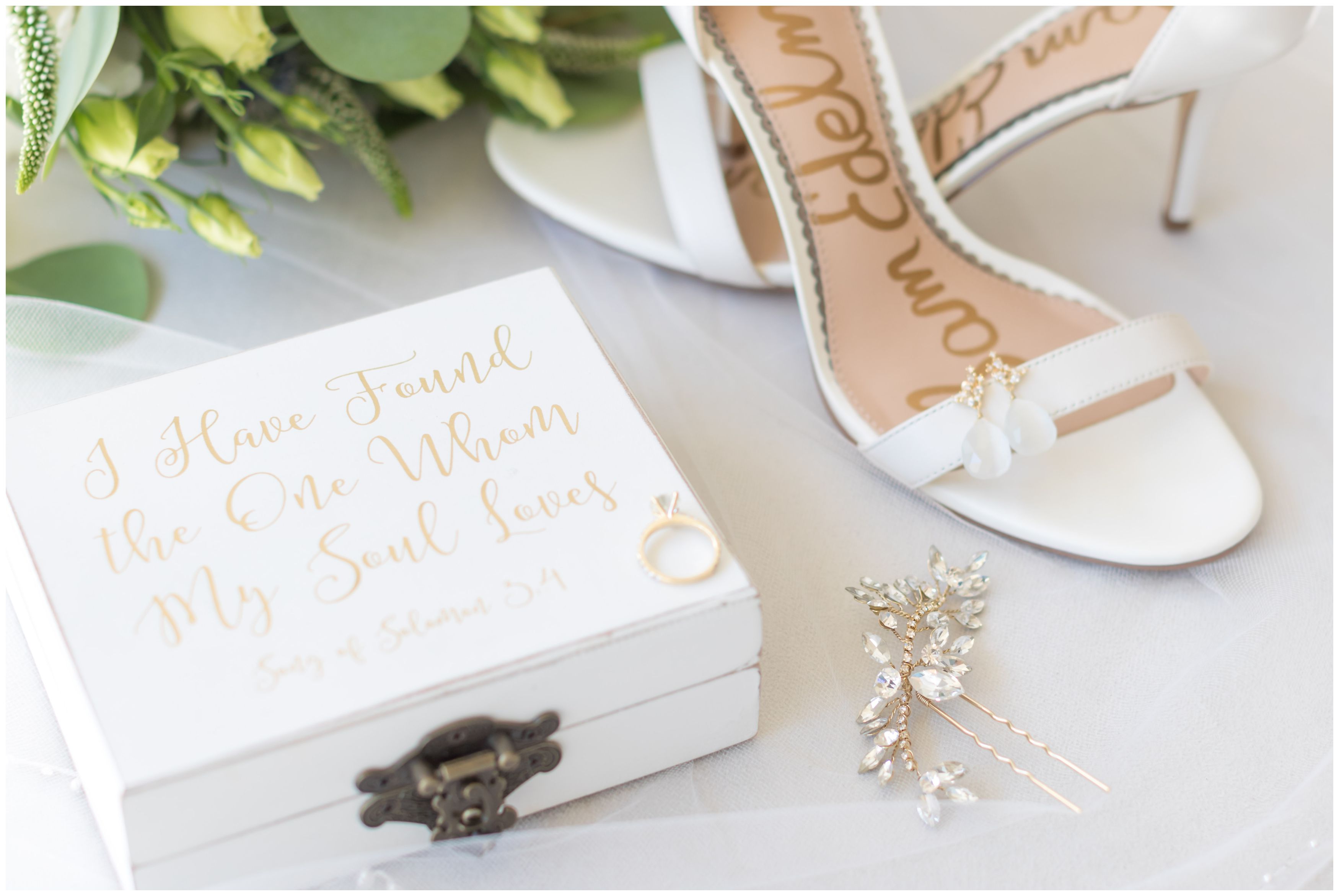 Wedding ring box, classic gold wedding jewelry, wedding ring, wedding hairpiece, wedding earrings, Sam Edelman bridal shoes, white bridal bouquet