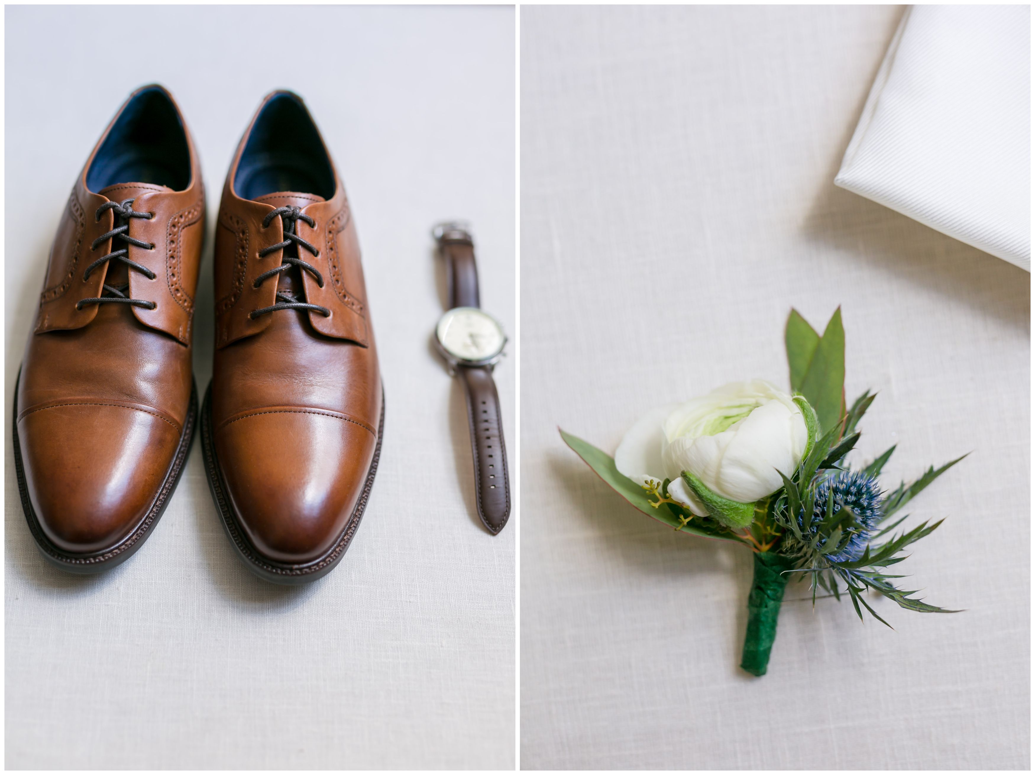 Groom details shoes, watch, white boutonniere