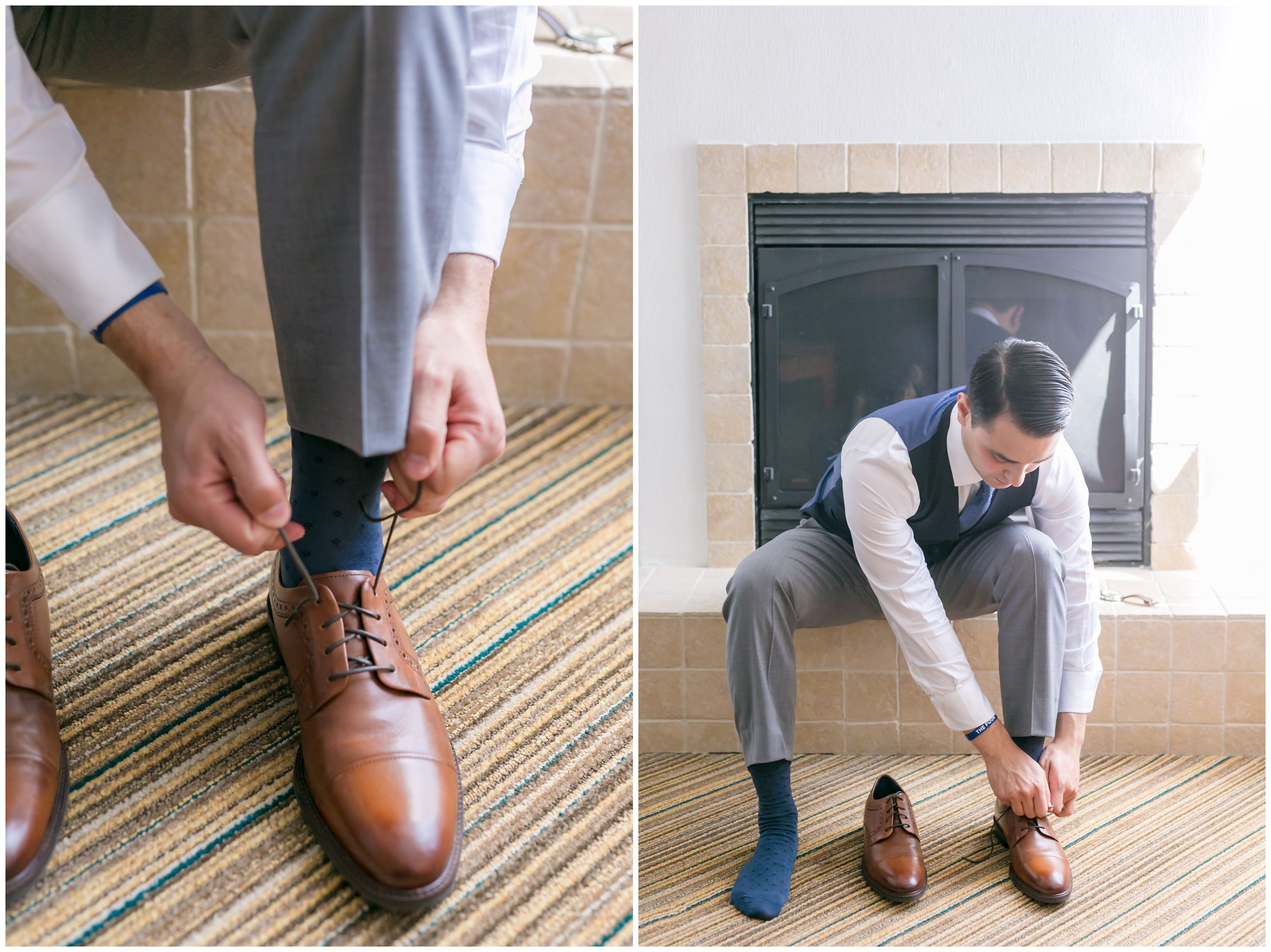 Groom getting ready putting on shoes