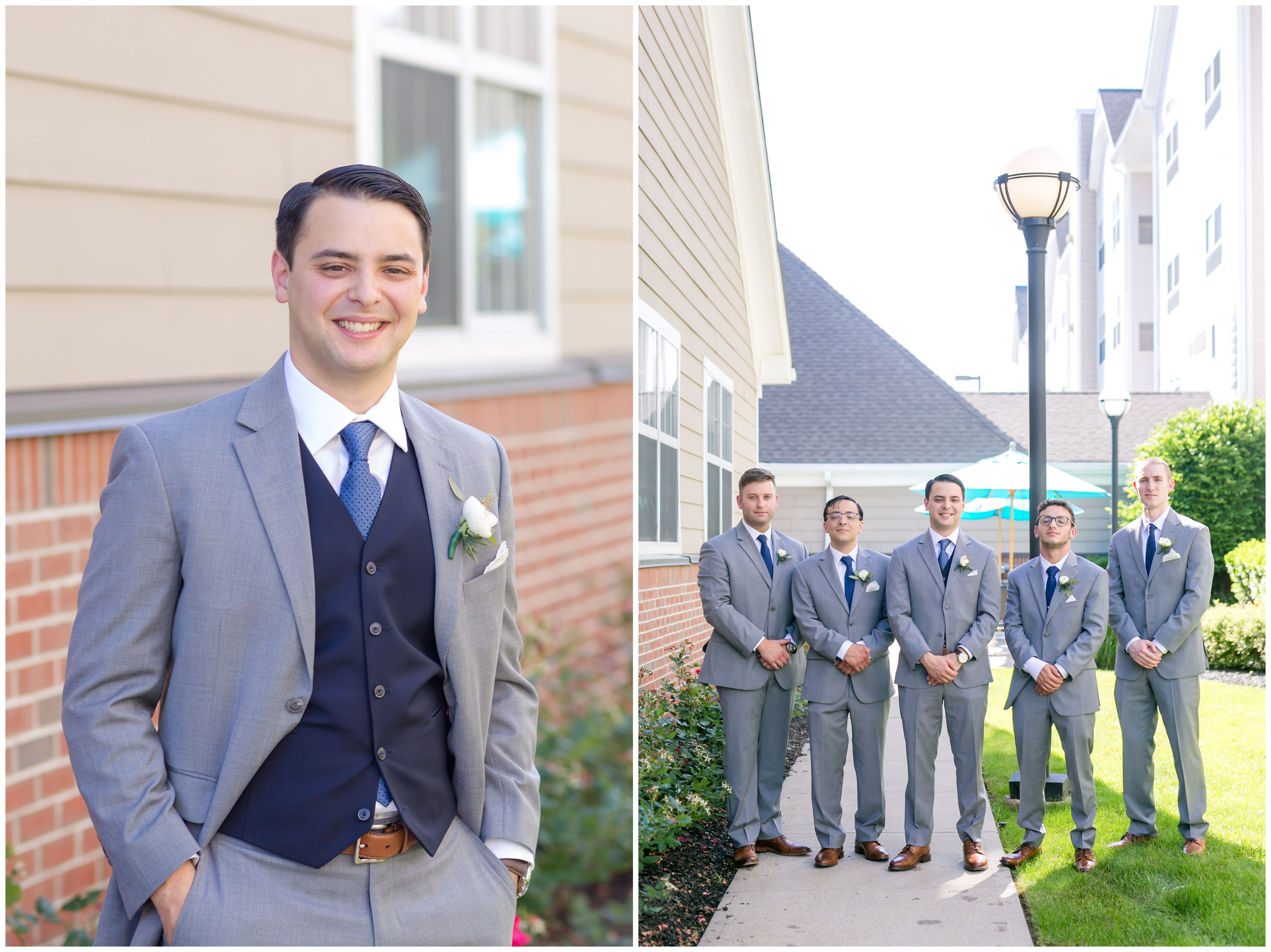 Groom and groomsmen light grey suits and navy vest and jackets