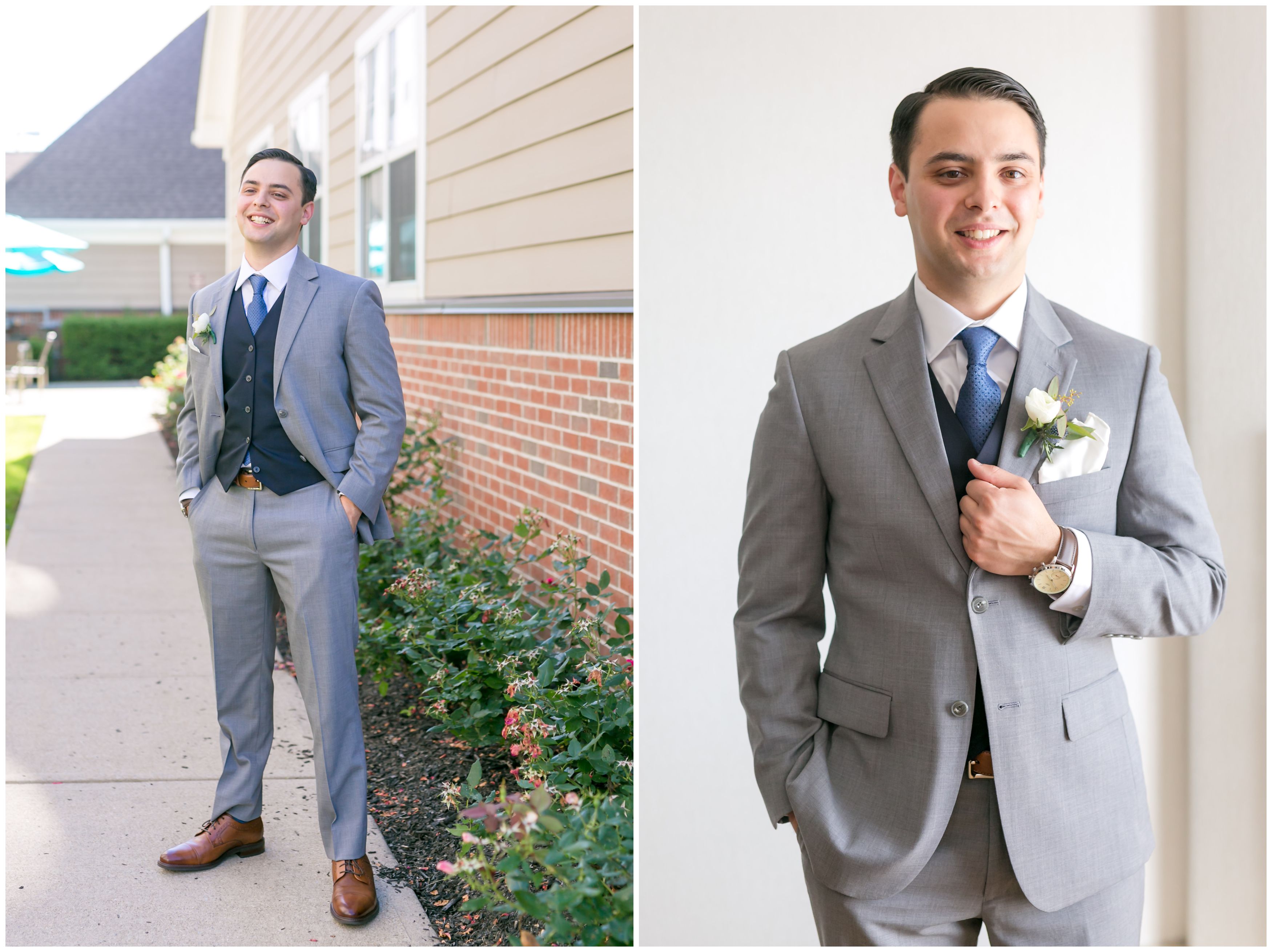 Groom light gray suit with navy vest and tie