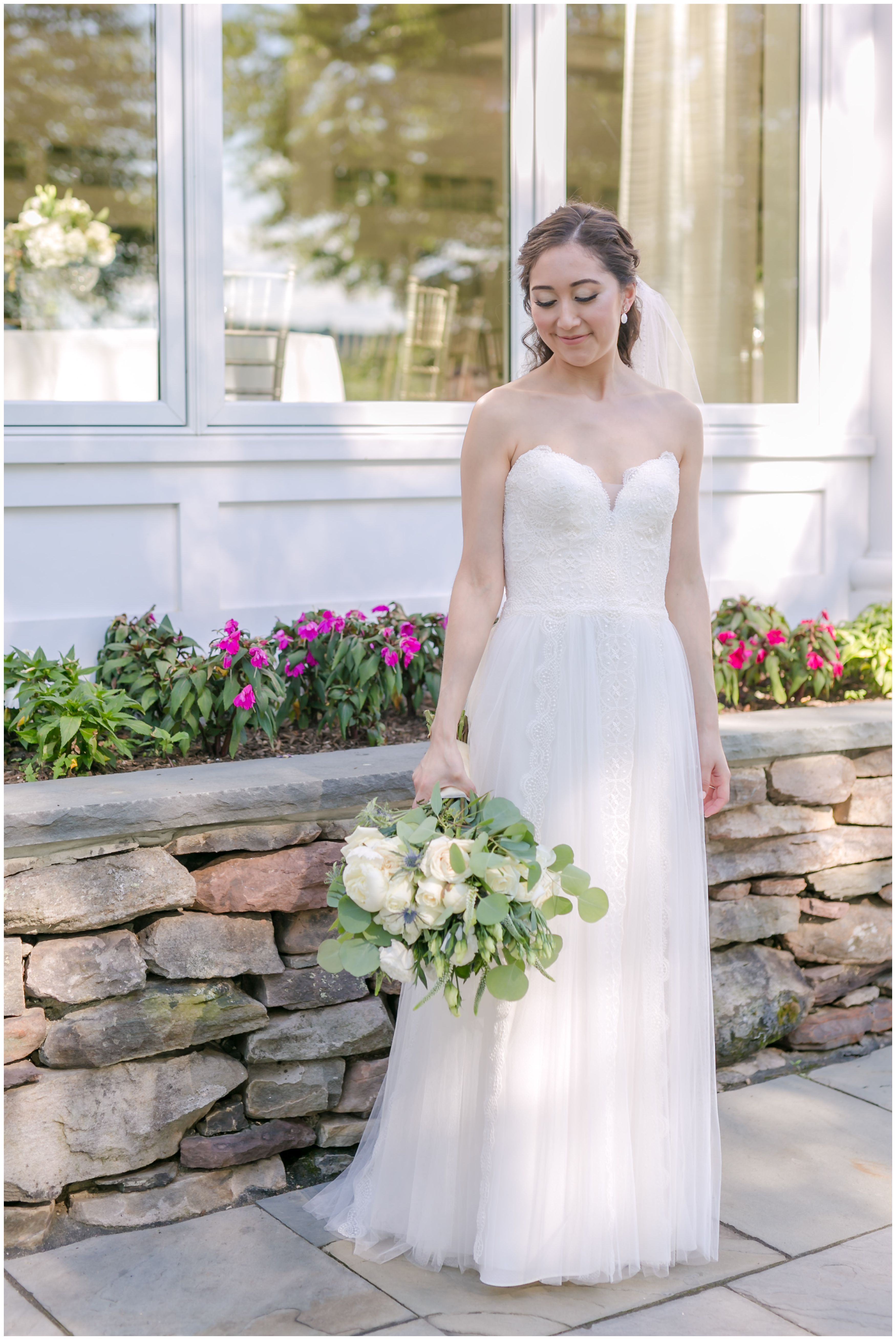 Bride portrait with peonies bouquet at Indian Trail Club