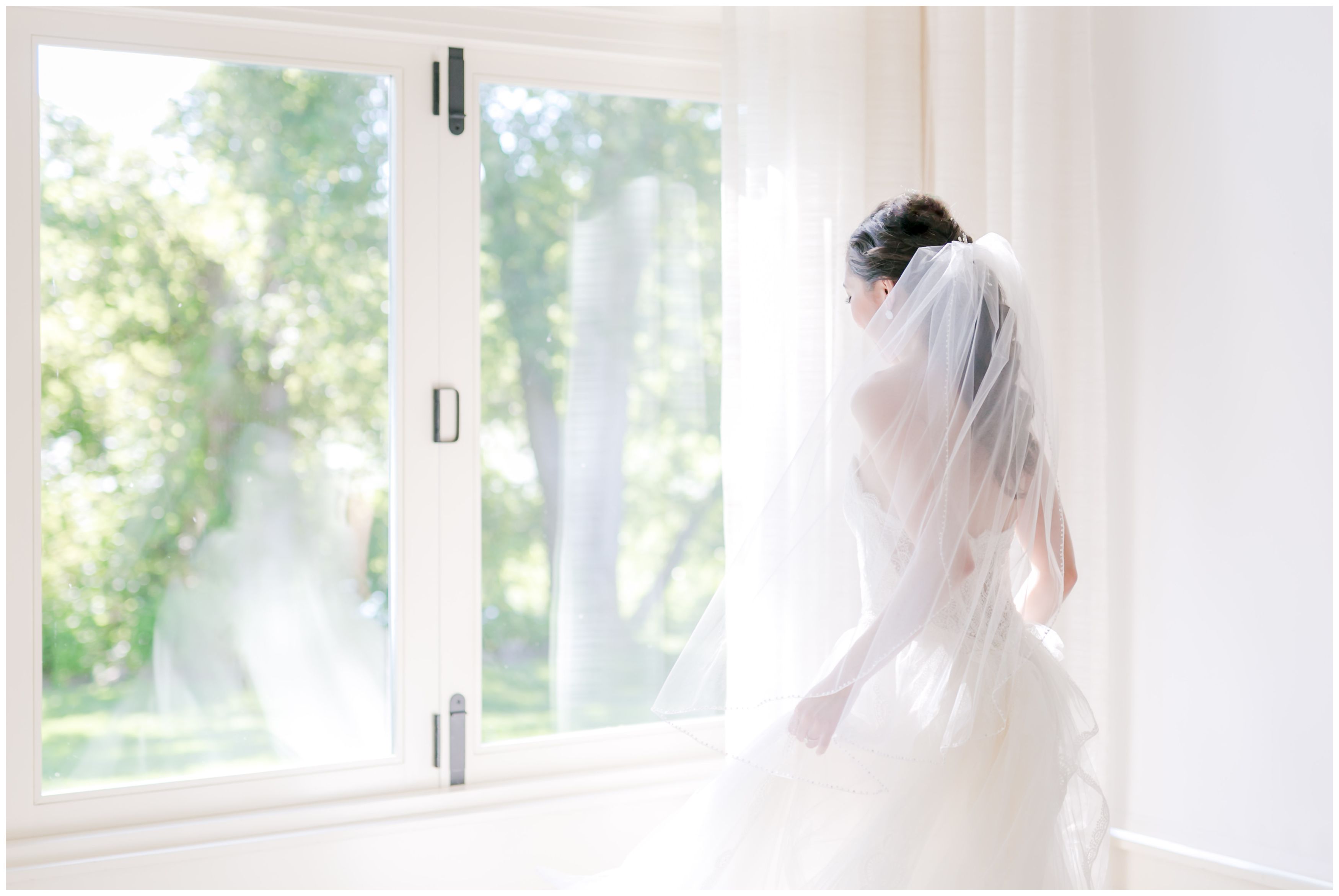 Bride wedding portrait with tulle and lace wedding gown and classic veil