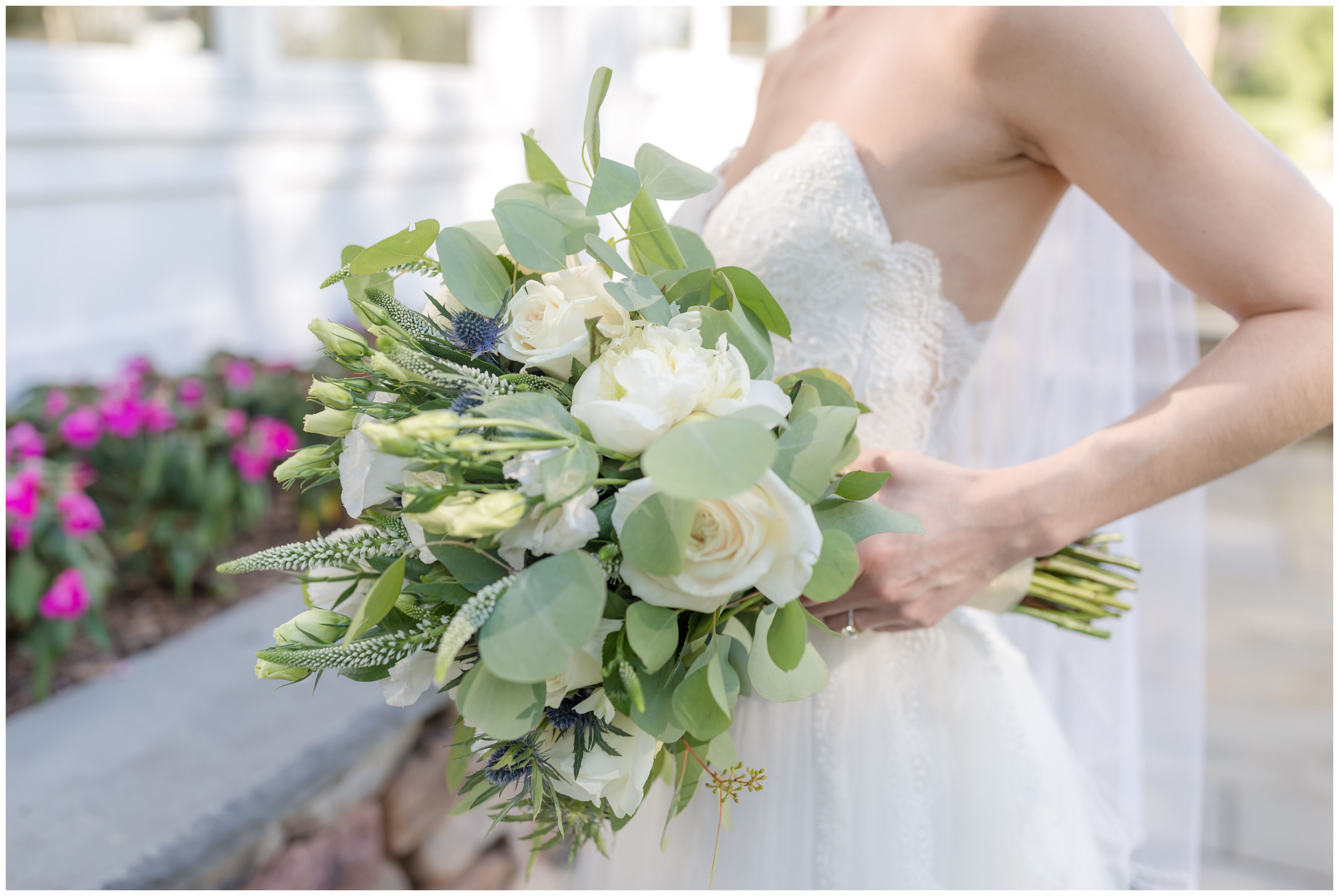 White peonies and white roses bridal bouquet