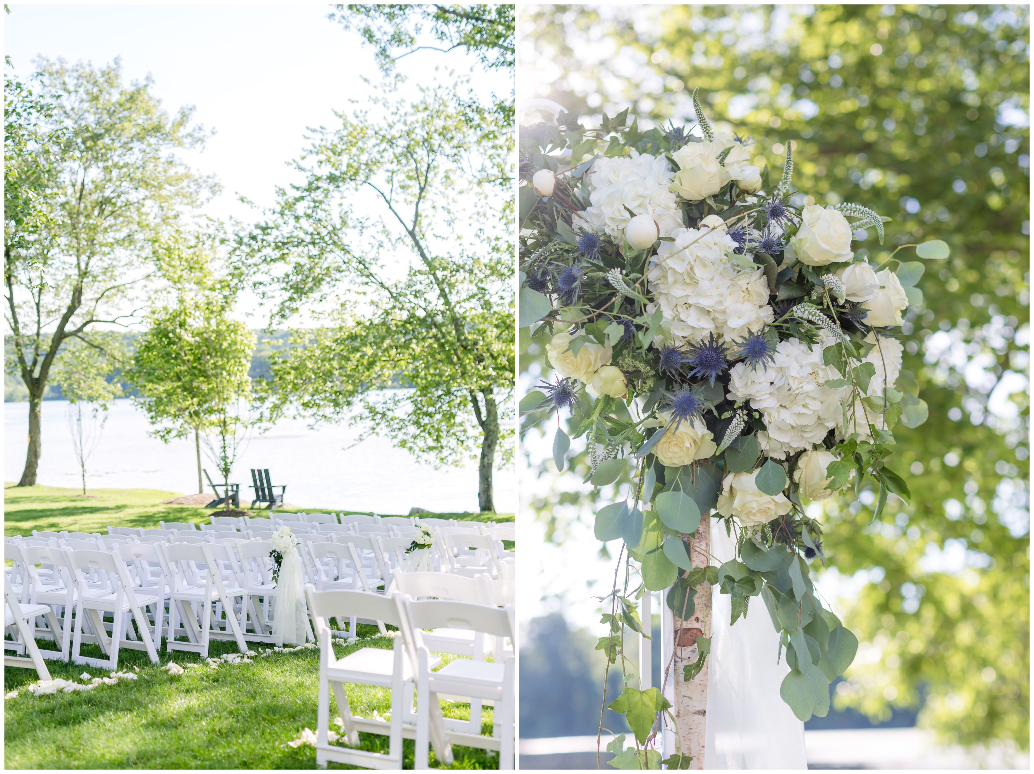 Lakeside outdoor ceremony details white hydrangeas and white roses