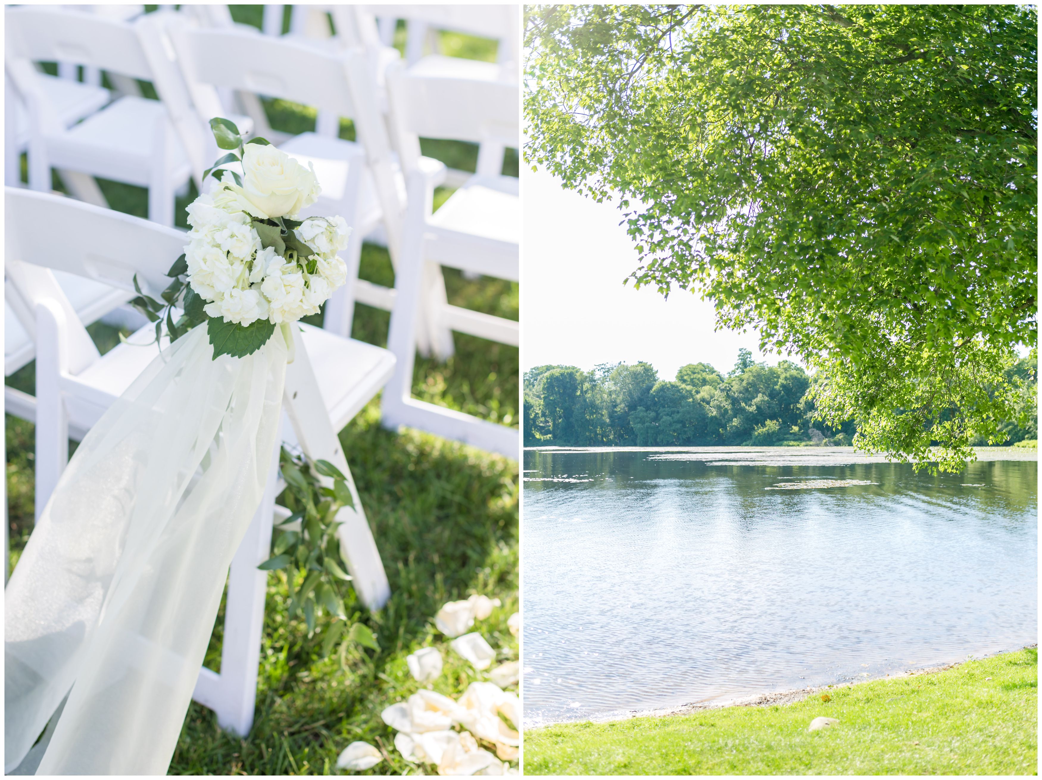 Outdoor white flowers at outdoor ceremony by the lake