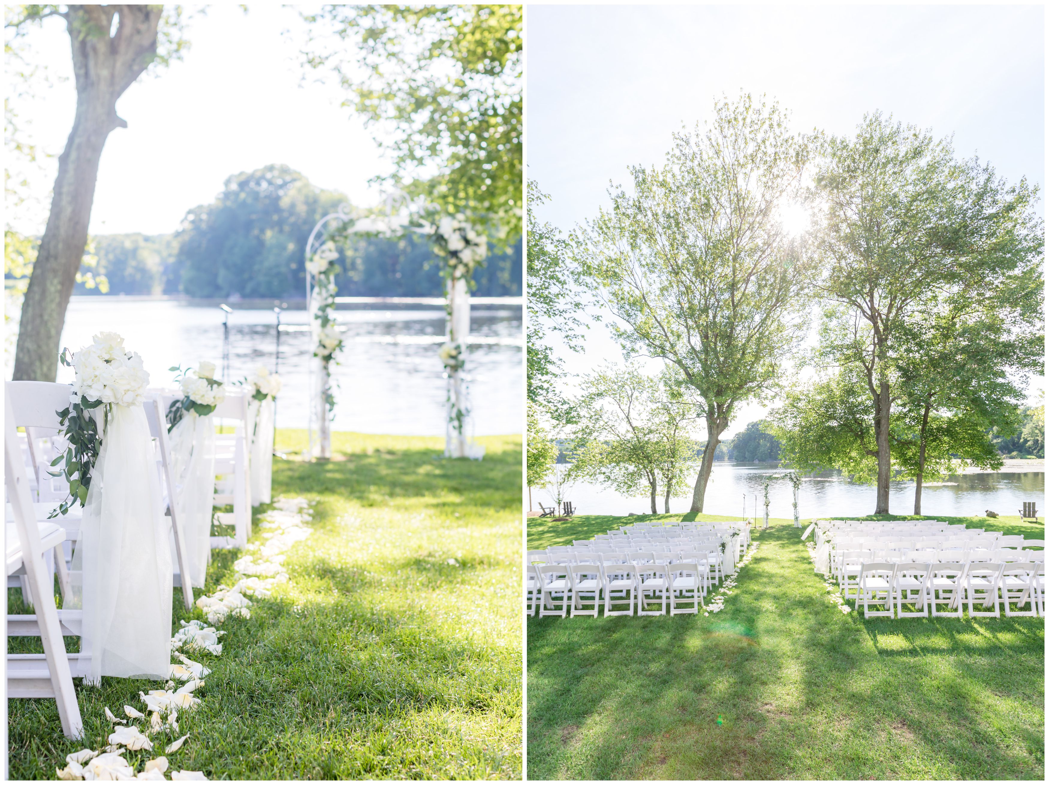 White ceremony flowers for an outdoor lakeside wedding at Indian Trail Club