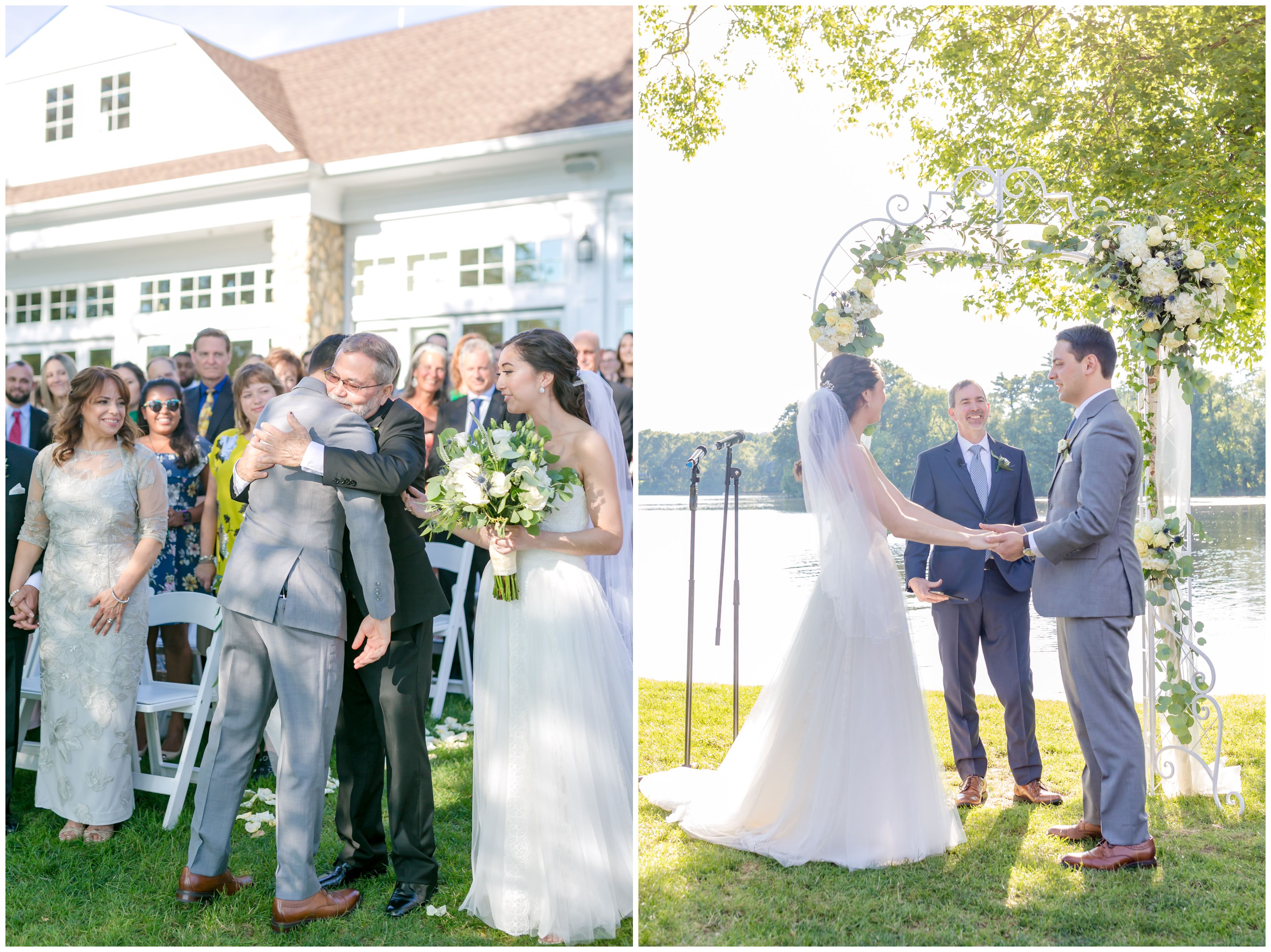 Outdoor lakeside ceremony giving away the bride