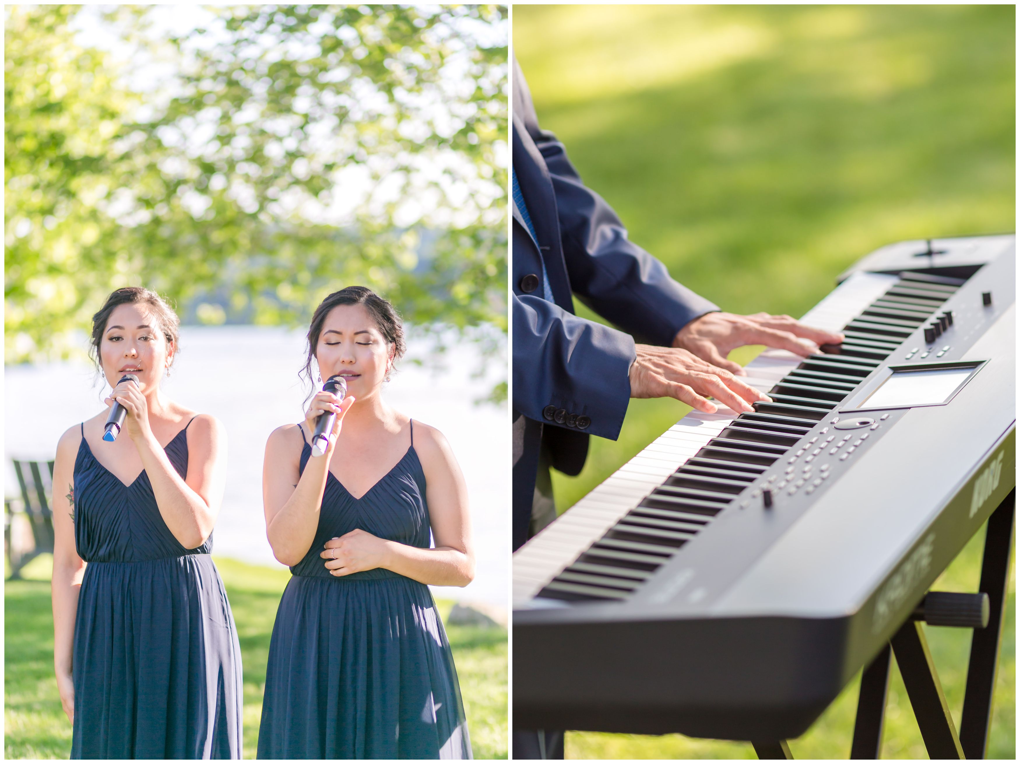 Sisters singing and piano music outdoor lakeside ceremony