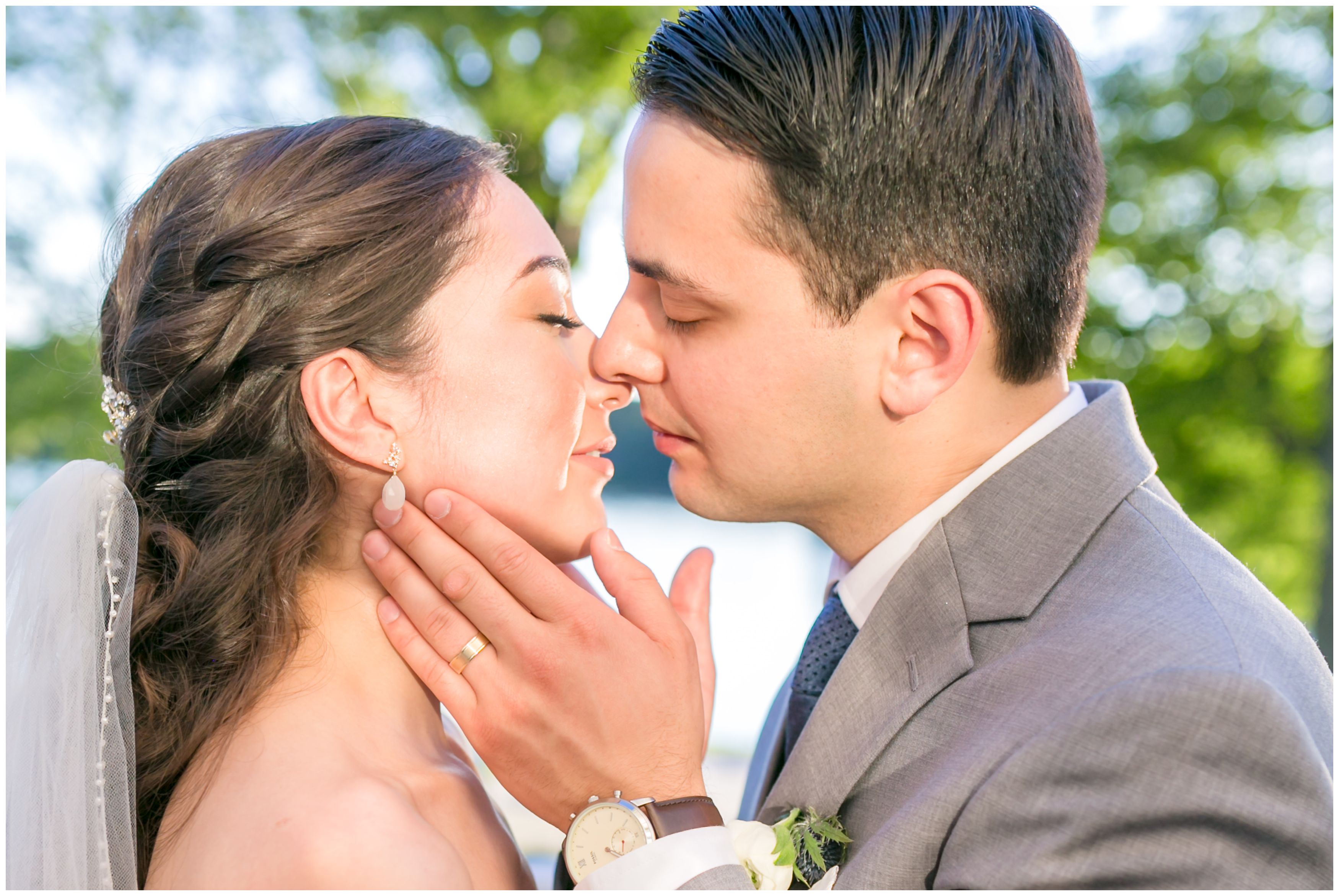Bride and groom wedding portrait almost kiss at Indian Trail Club