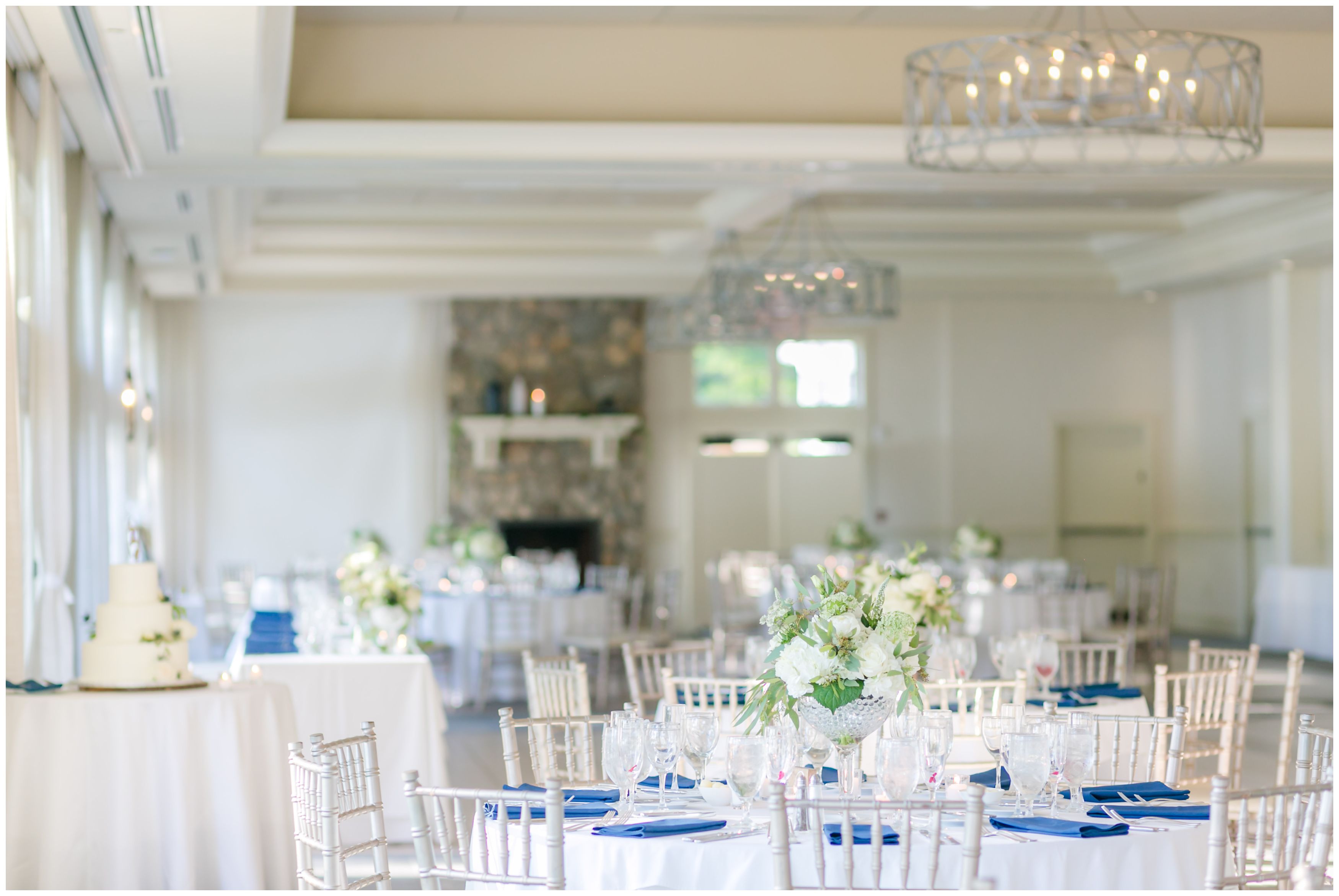 Elegant navy and white wedding reception details at Indian Trail Club