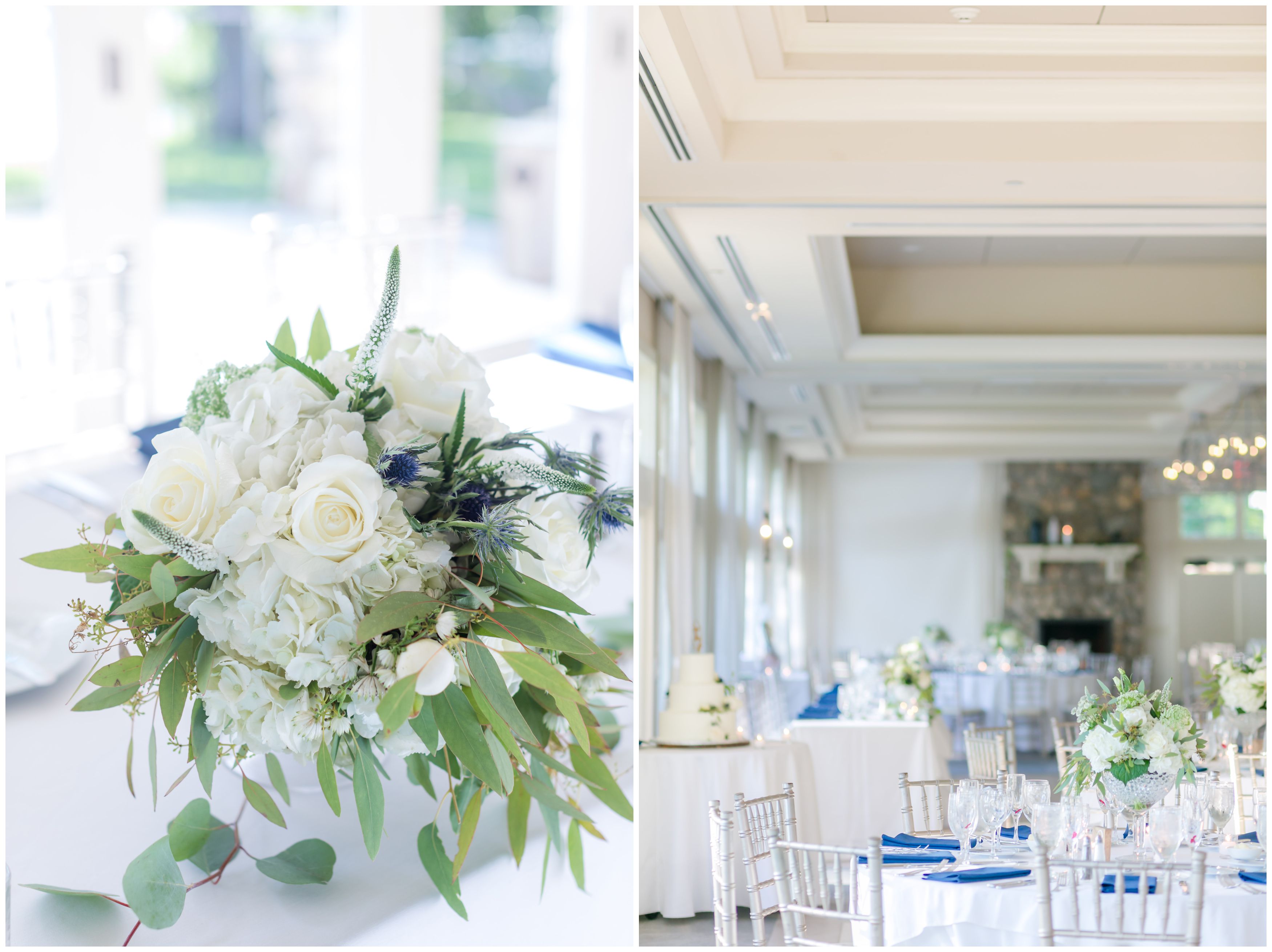 Reception details at Indian Trail Club for elegant white and navy wedding
