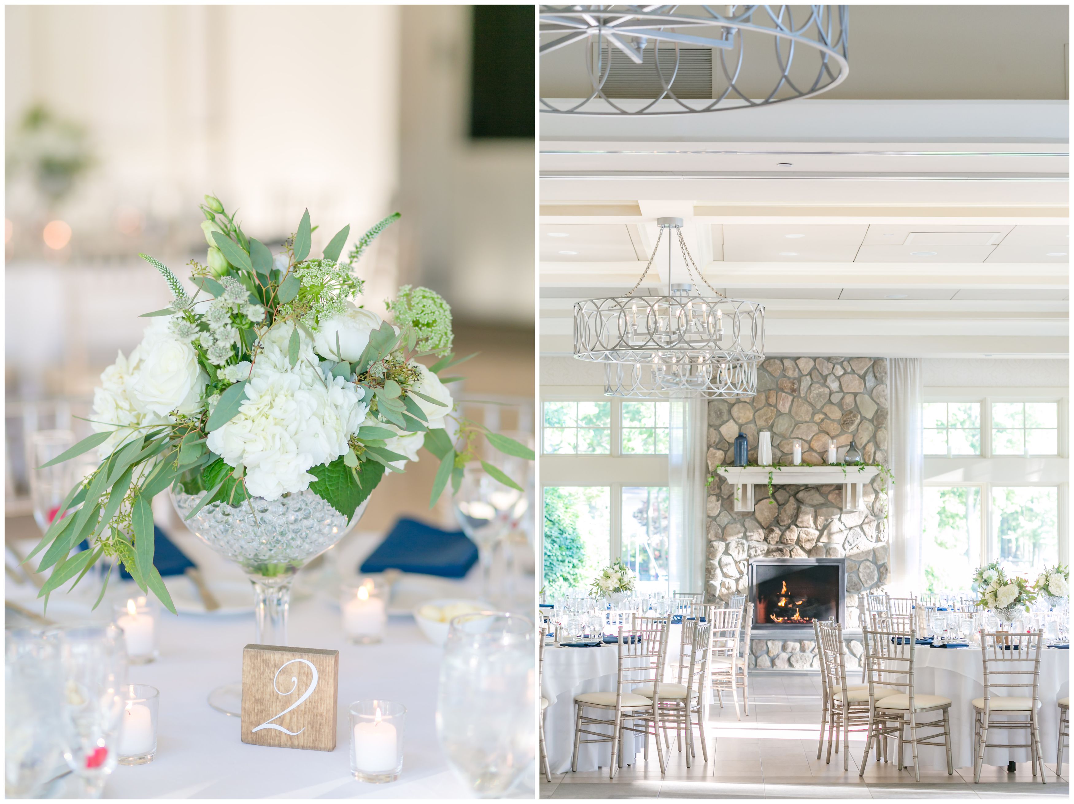 Indian Trail Club reception details for elegant white and navy summer wedding