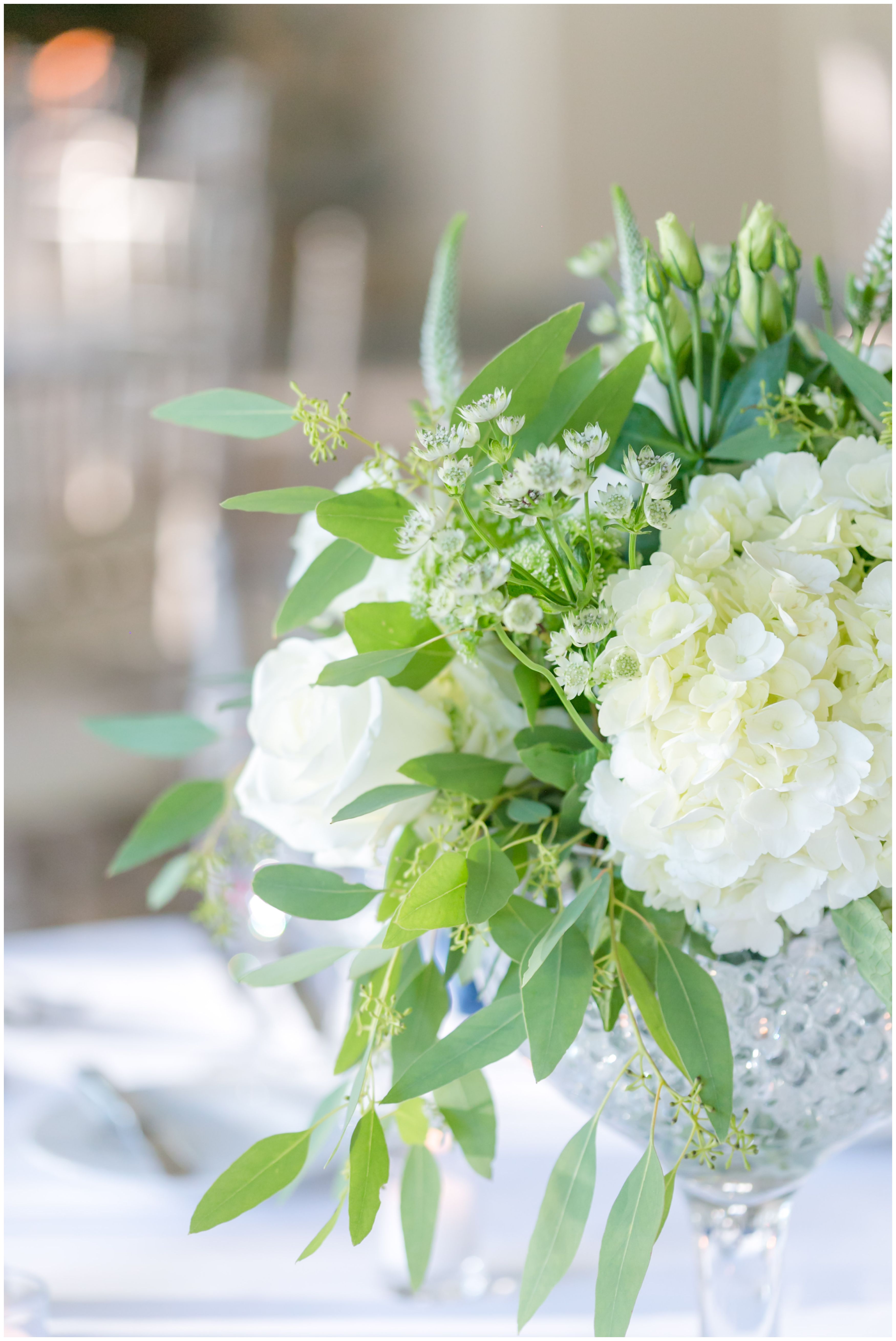 White peonies and hydrangea and roses centerpiece at Indian Trail Club